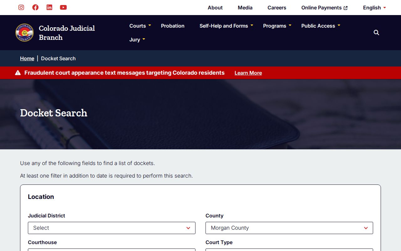 Colorado Judicial docket filters for Morgan County warrant research